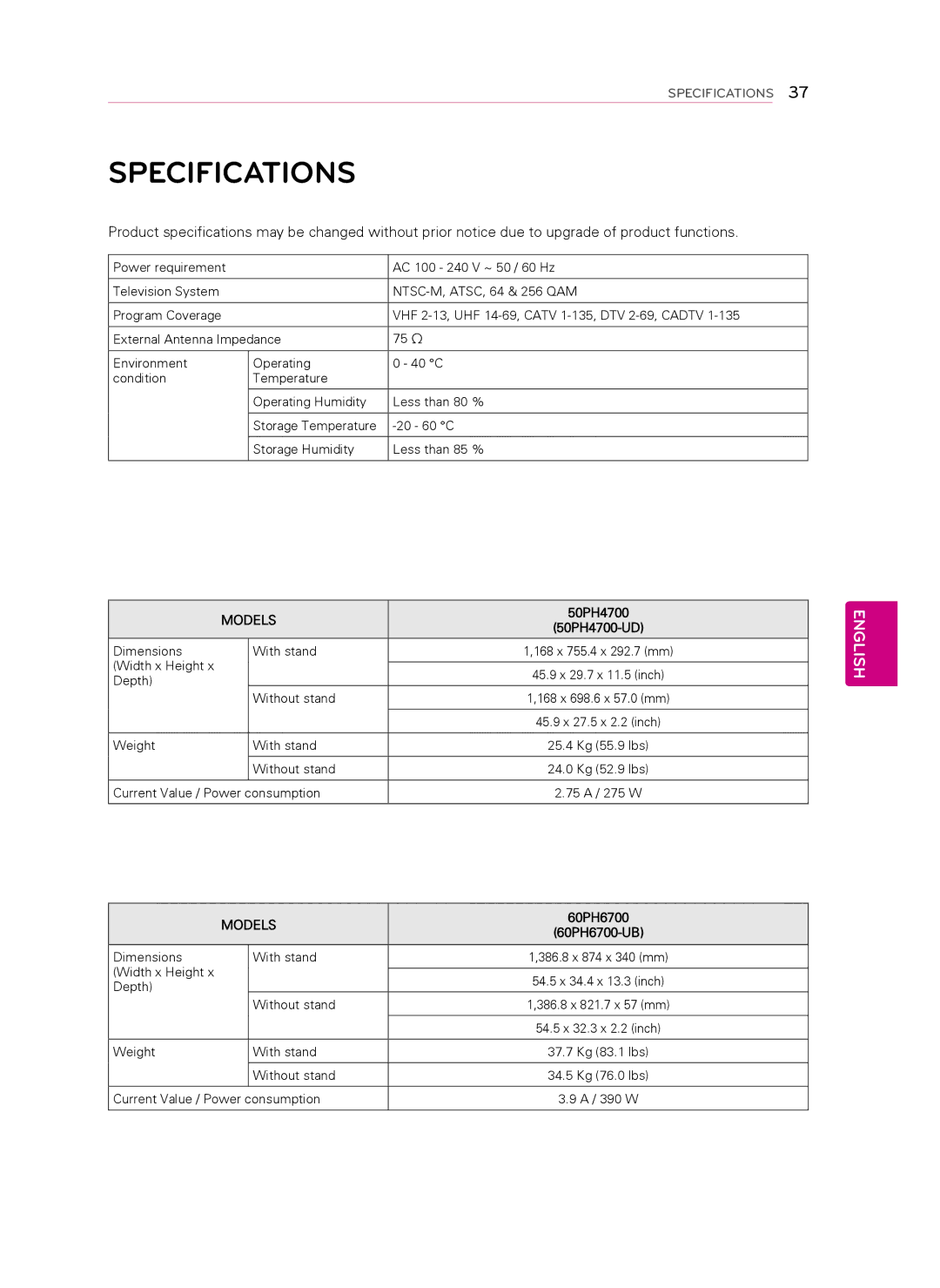 Toshiba 50PH4700, 60PH6700 owner manual Specifications, Models 