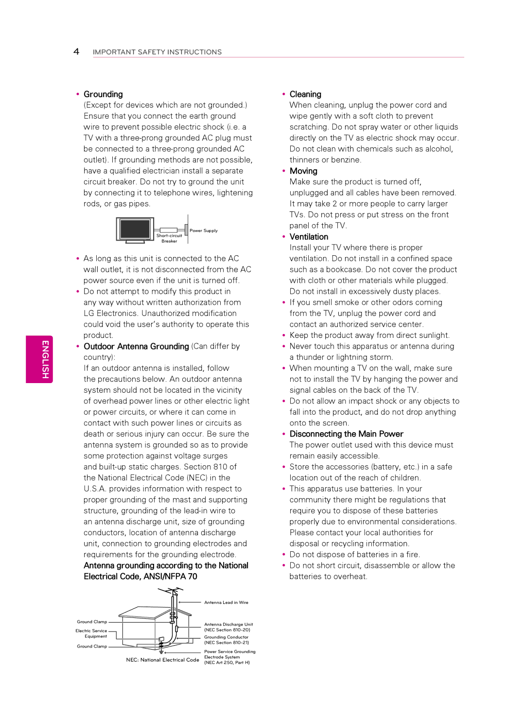 Toshiba 60PH6700, 50PH4700 YyGrounding, YyOutdoor Antenna Grounding Can differ by country, YyMoving, YyVentilation 