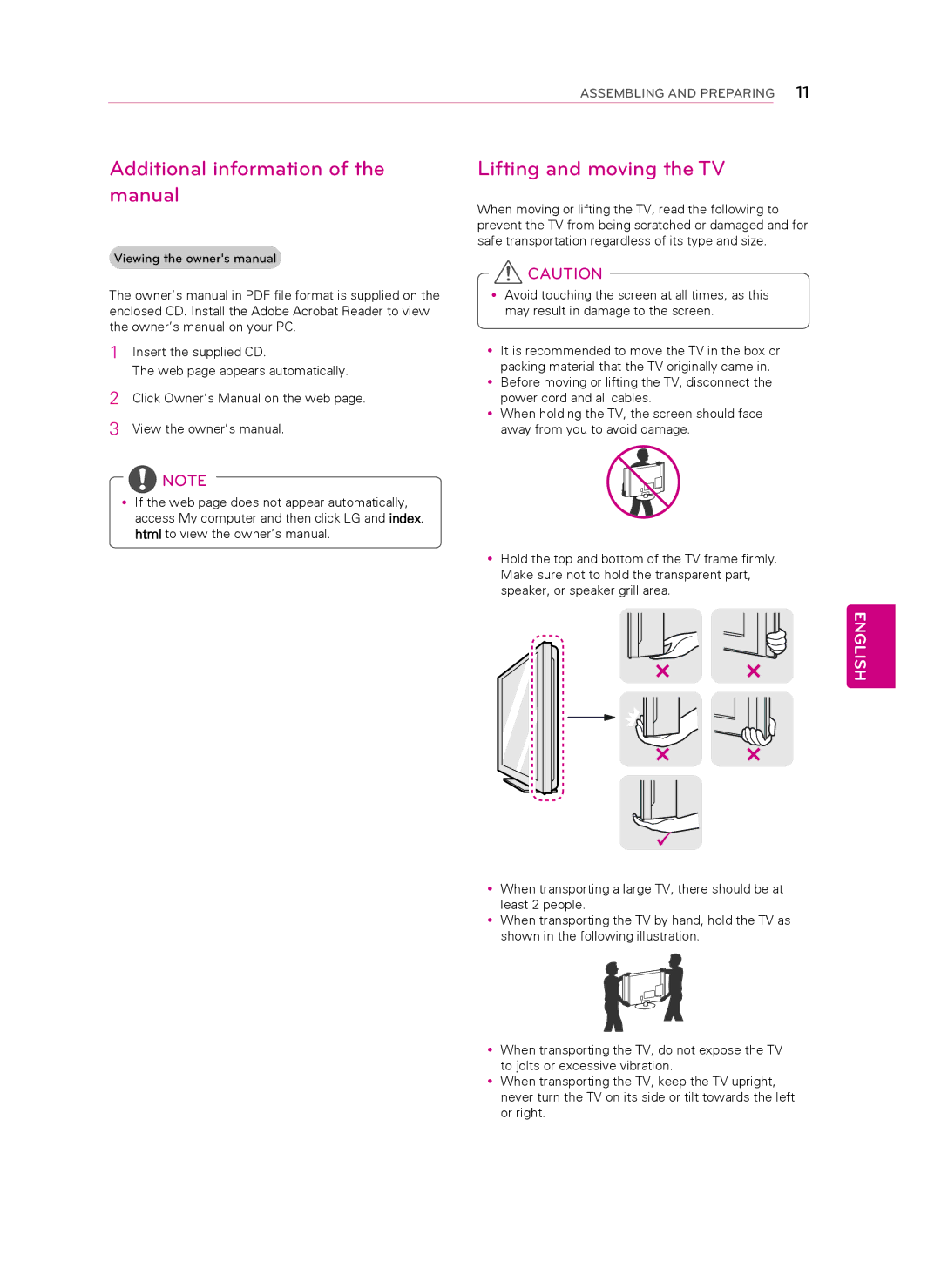 Toshiba 50PN5300, 60PN6500, 60PN6550, 60PN5300, 50PN4500 Additional information of the manual, Lifting and moving the TV 