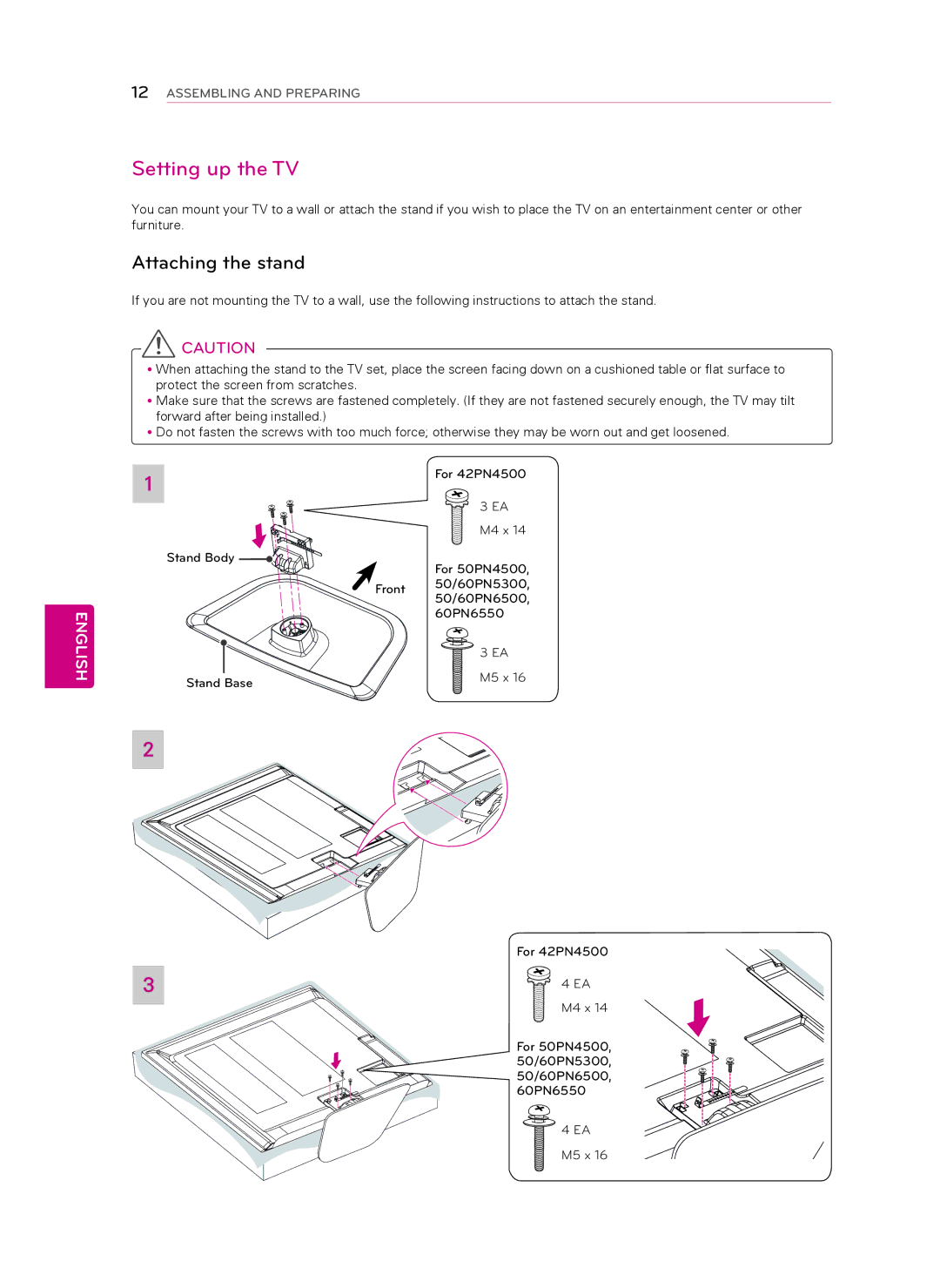 Toshiba 50PN6500, 60PN6500, 60PN6550, 60PN5300, 50PN4500, 50PN5300, 42PN4500 owner manual Setting up the TV, Attaching the stand 