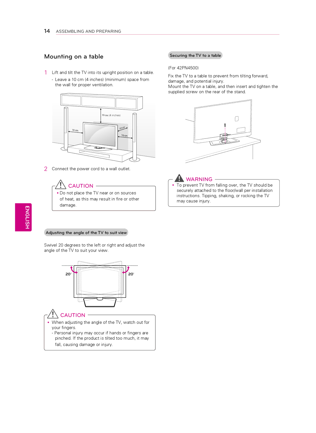 Toshiba 60PN6500, 60PN6550, 60PN5300, 50PN4500, 50PN5300, 50PN6500, 42PN4500 owner manual Mounting on a table 