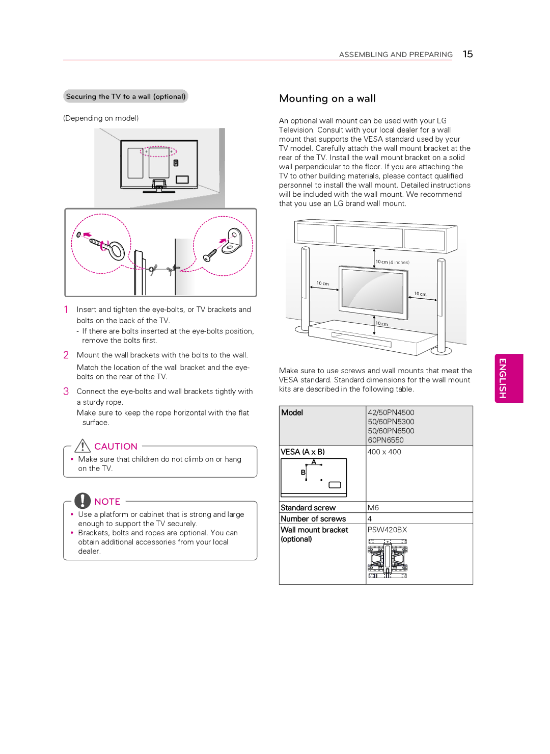 Toshiba 60PN6550, 60PN6500, 60PN5300, 50PN4500, 50PN5300, 50PN6500, 42PN4500 owner manual Mounting on a wall, Optional 