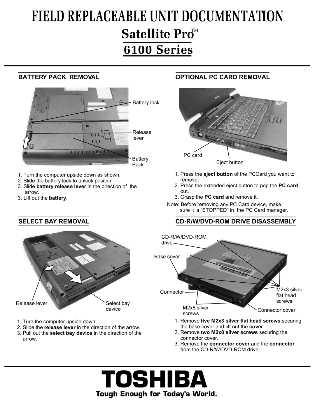 Toshiba 6100 manual Battery Pack Removal Optional PC Card Removal, Select BAY Removal CD-R/W/DVD-ROM Drive Disassembly 