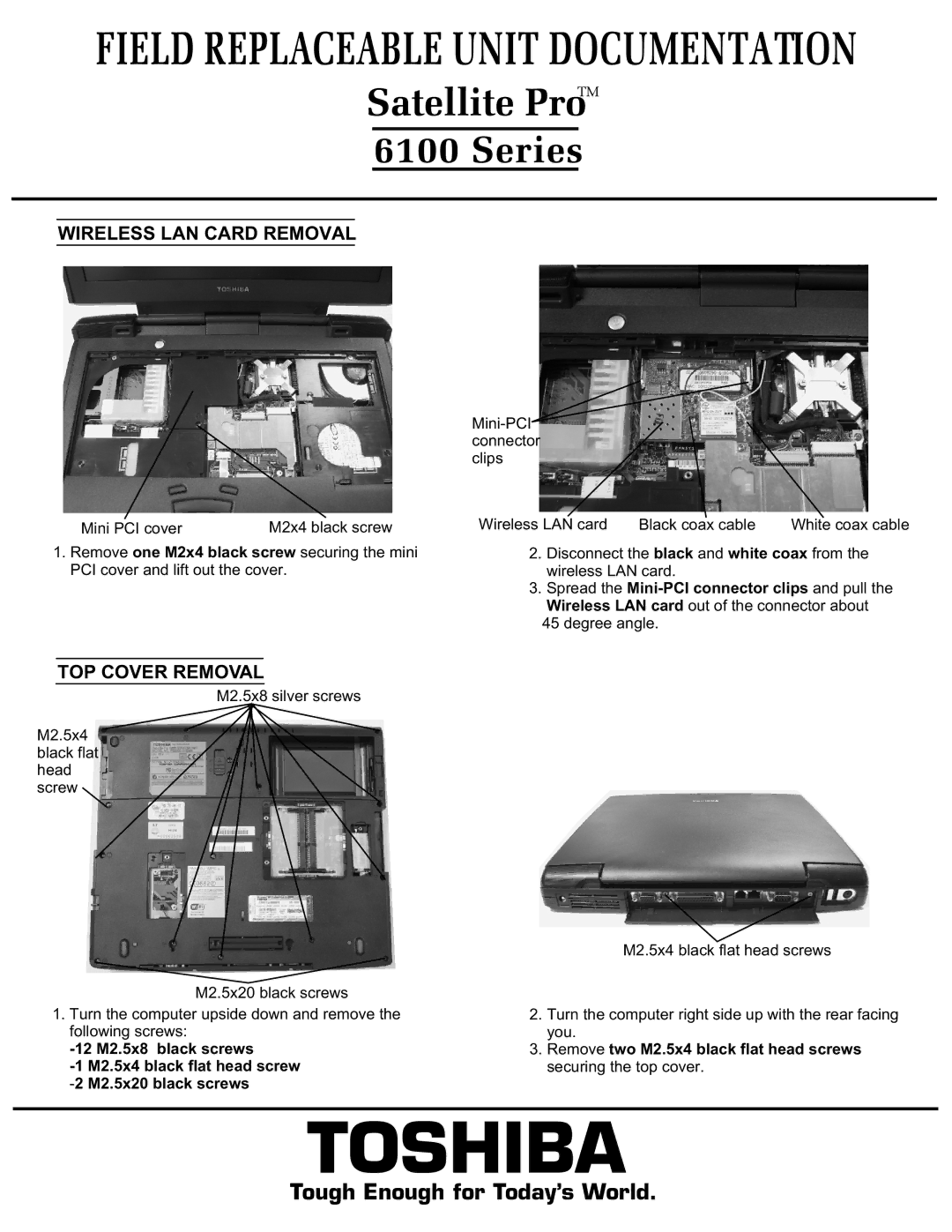 Toshiba 6100 manual Wireless LAN Card Removal, Spread the Mini-PCI connector clips and pull 