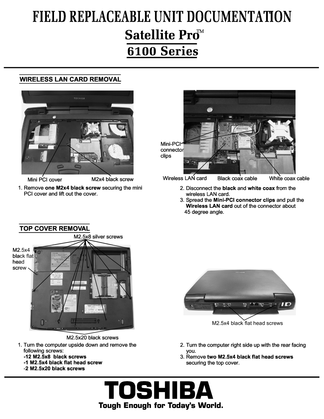 Toshiba 6100 manual Toshiba, Satellite Pro, Field Replaceable Unit Documentation, Series, Tough Enough for Today’s World 