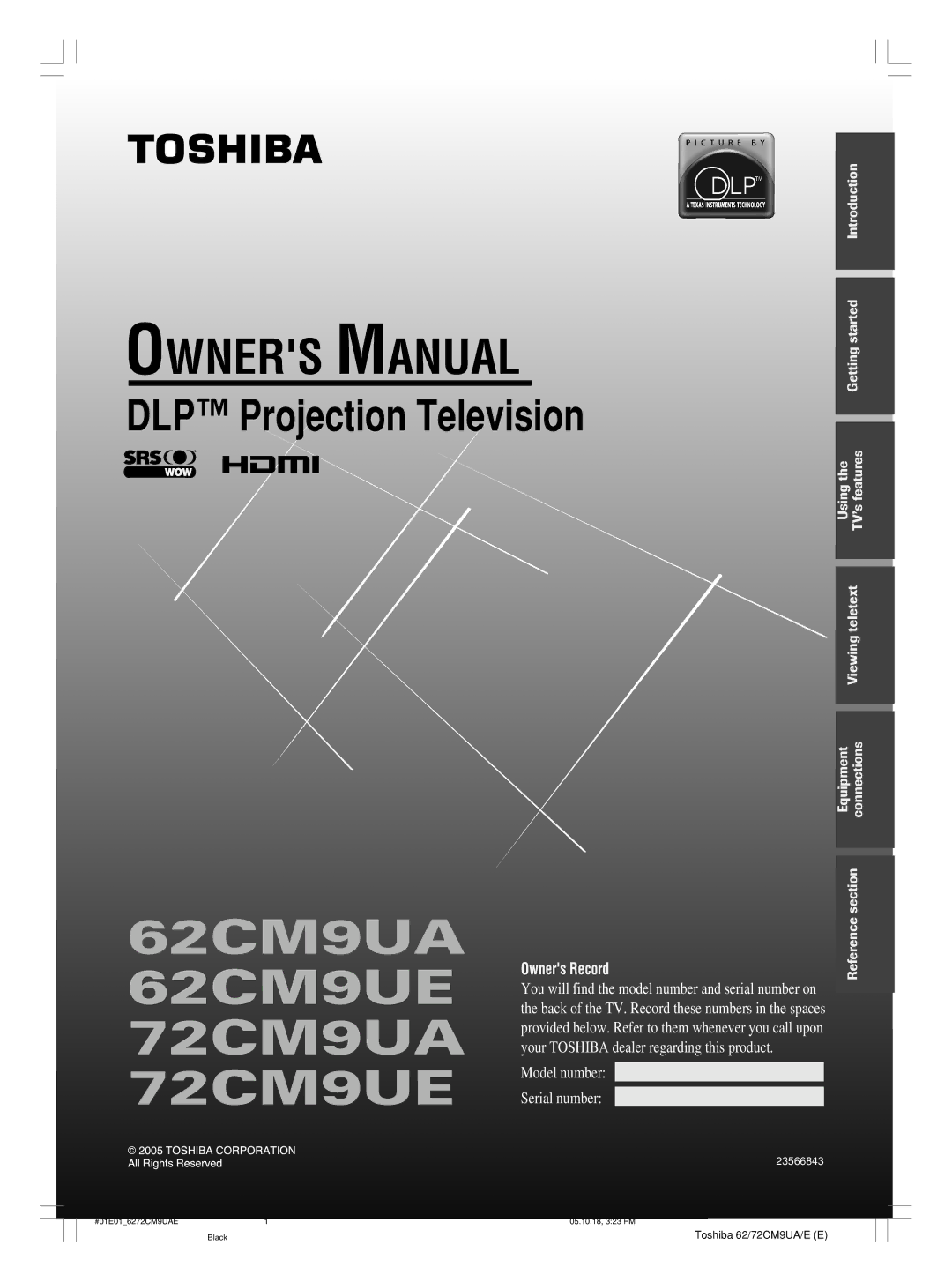 Toshiba owner manual 62CM9UA 62CM9UE 72CM9UA 72CM9UE, Introduction Getting started 