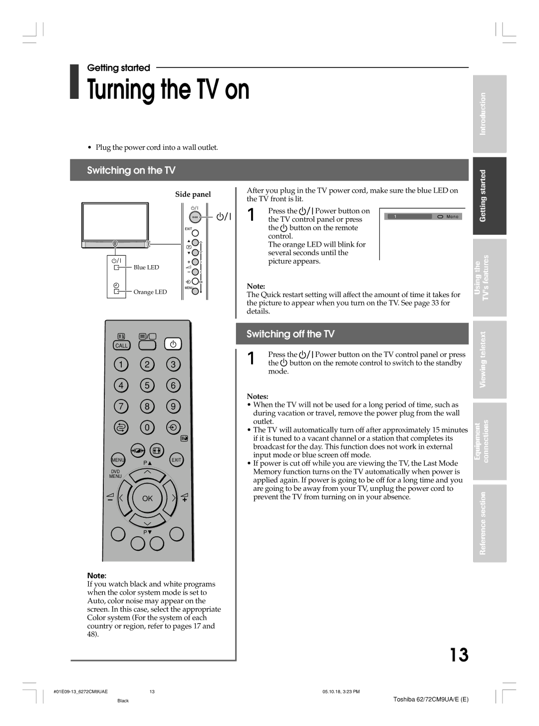 Toshiba 72CM9UE, 62CM9UA, 62CM9UE Turning the TV on, Switching on the TV, Switching off the TV, Side panel, Teletext 