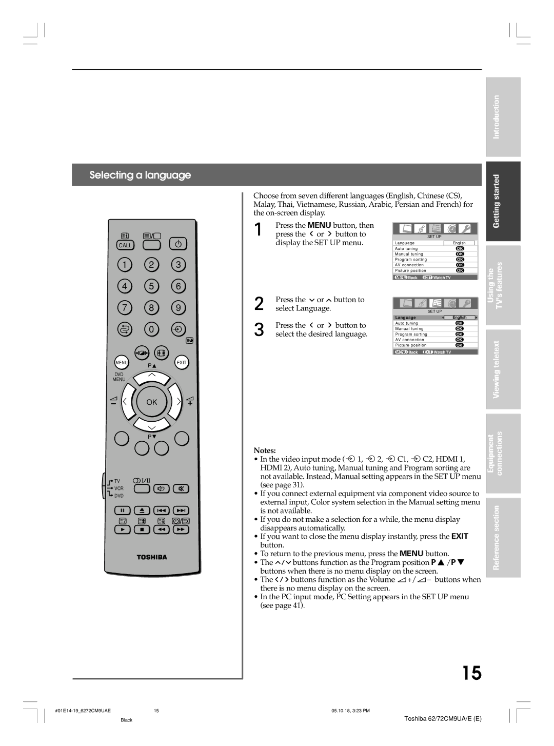 Toshiba 72CM9UA, 62CM9UA, 72CM9UE, 62CM9UE owner manual Selecting a language, Using the TV’s features Viewing teletext 