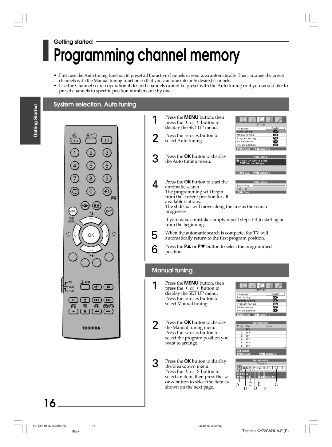 Toshiba 62CM9UA, 72CM9UE, 62CM9UE, 72CM9UA Programming channel memory, System selection, Auto tuning, Manual tuning 