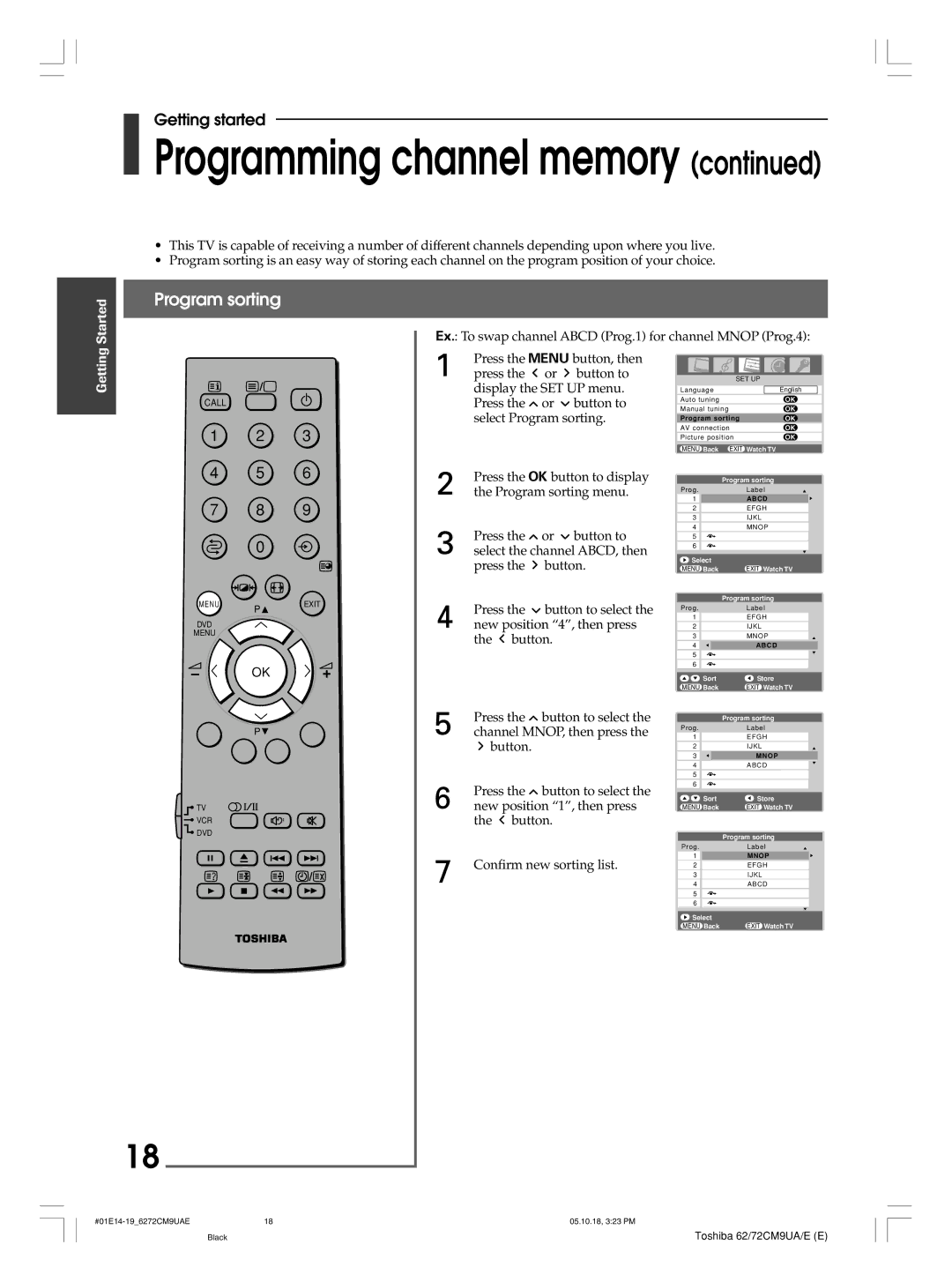 Toshiba 62CM9UE, 62CM9UA, 72CM9UE, 72CM9UA owner manual Programming channel memory, Program sorting 