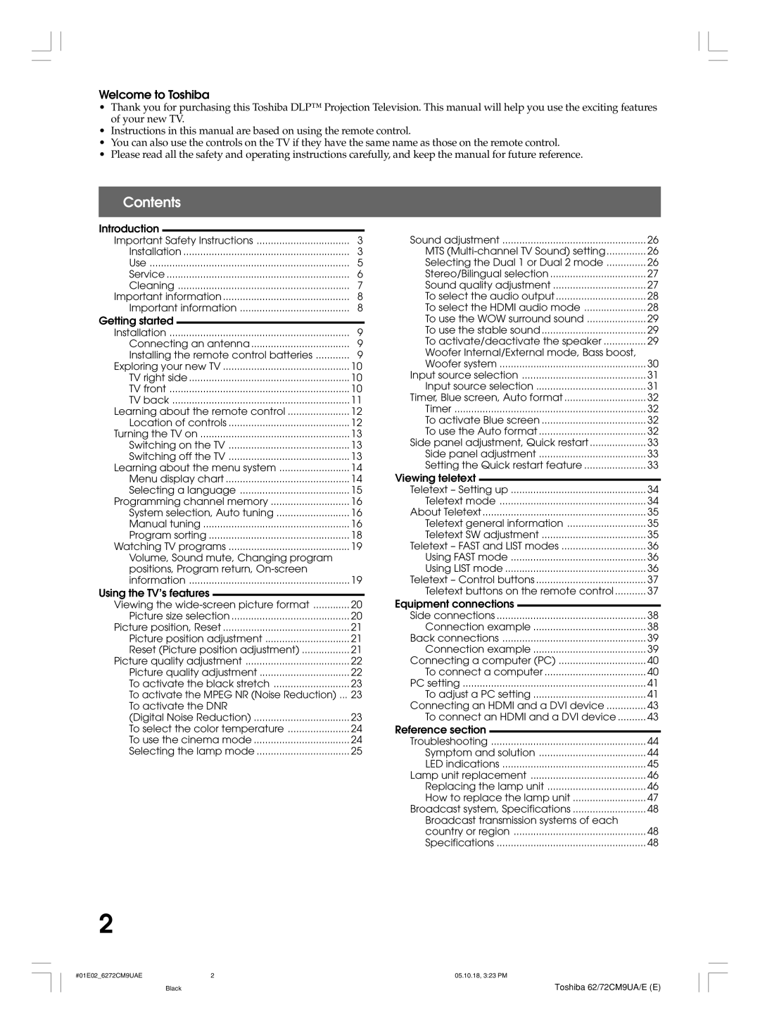 Toshiba 62CM9UE, 62CM9UA, 72CM9UE, 72CM9UA owner manual Contents 