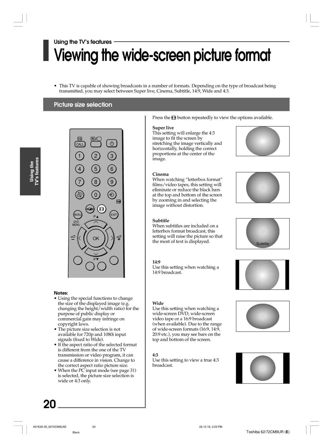 Toshiba 62CM9UA, 72CM9UE, 62CM9UE, 72CM9UA owner manual Picture size selection 