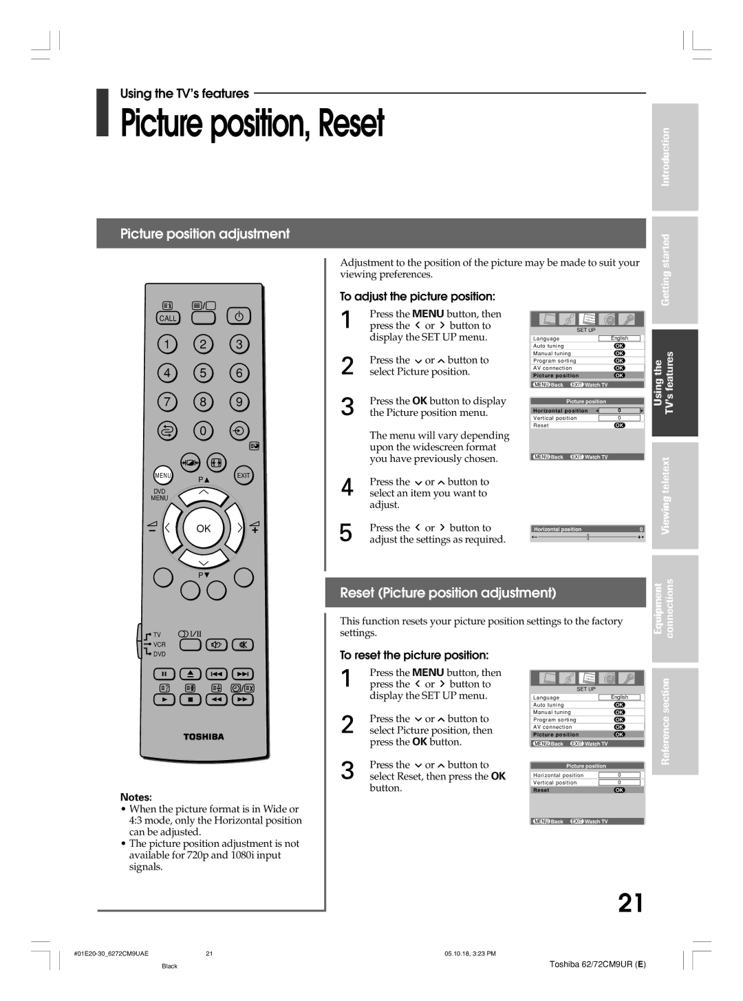 Toshiba 72CM9UE, 62CM9UA Picture position, Reset, Reset Picture position adjustment, To adjust the picture position 