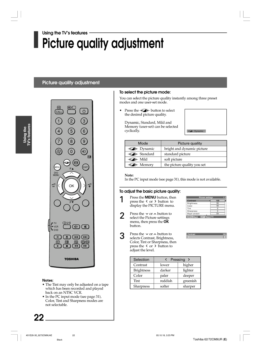 Toshiba 62CM9UE, 62CM9UA Picture quality adjustment, To select the picture mode, To adjust the basic picture quality 