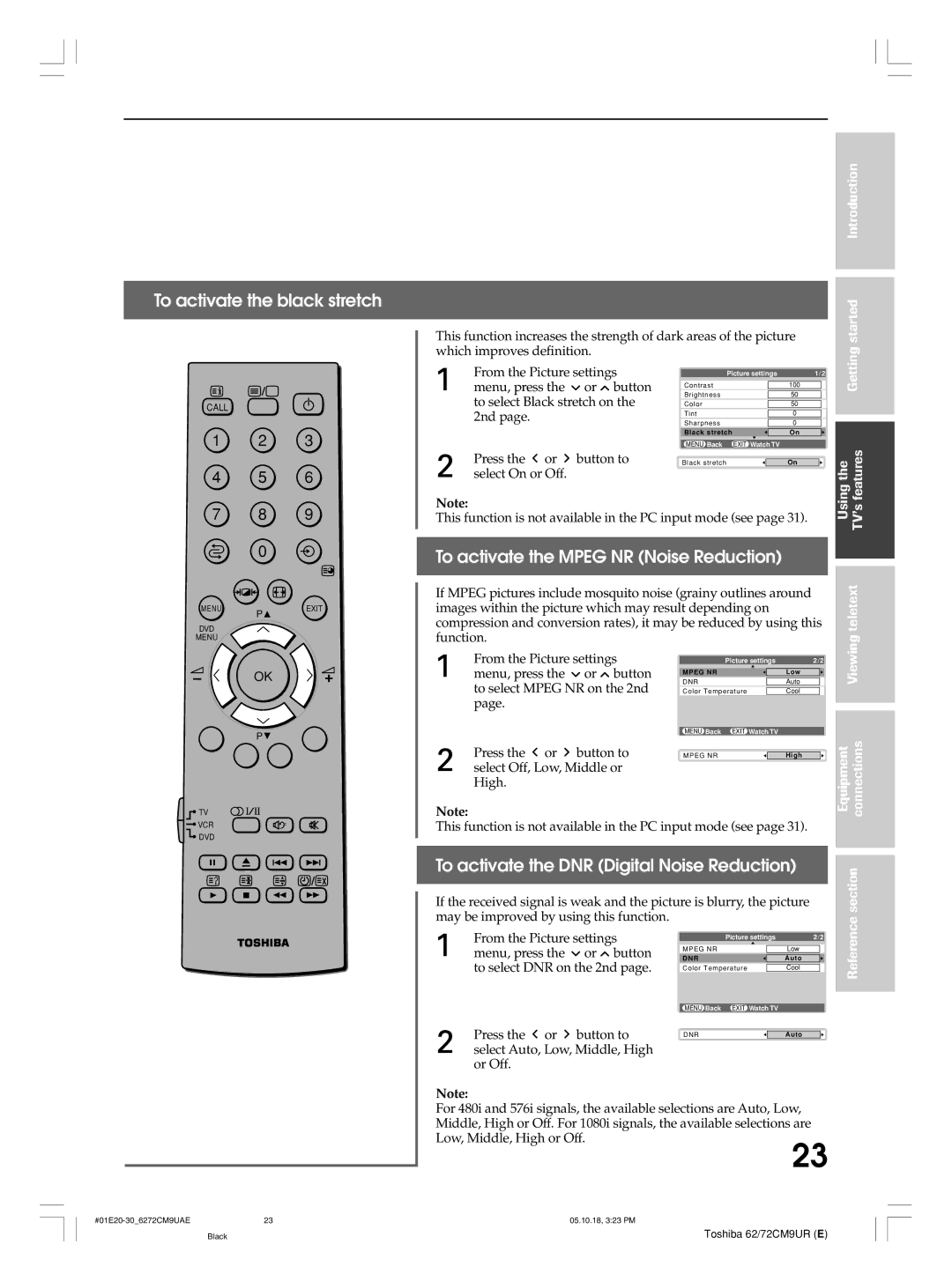 Toshiba 72CM9UA, 62CM9UA, 72CM9UE, 62CM9UE To activate the black stretch, To activate the Mpeg NR Noise Reduction, Viewing 