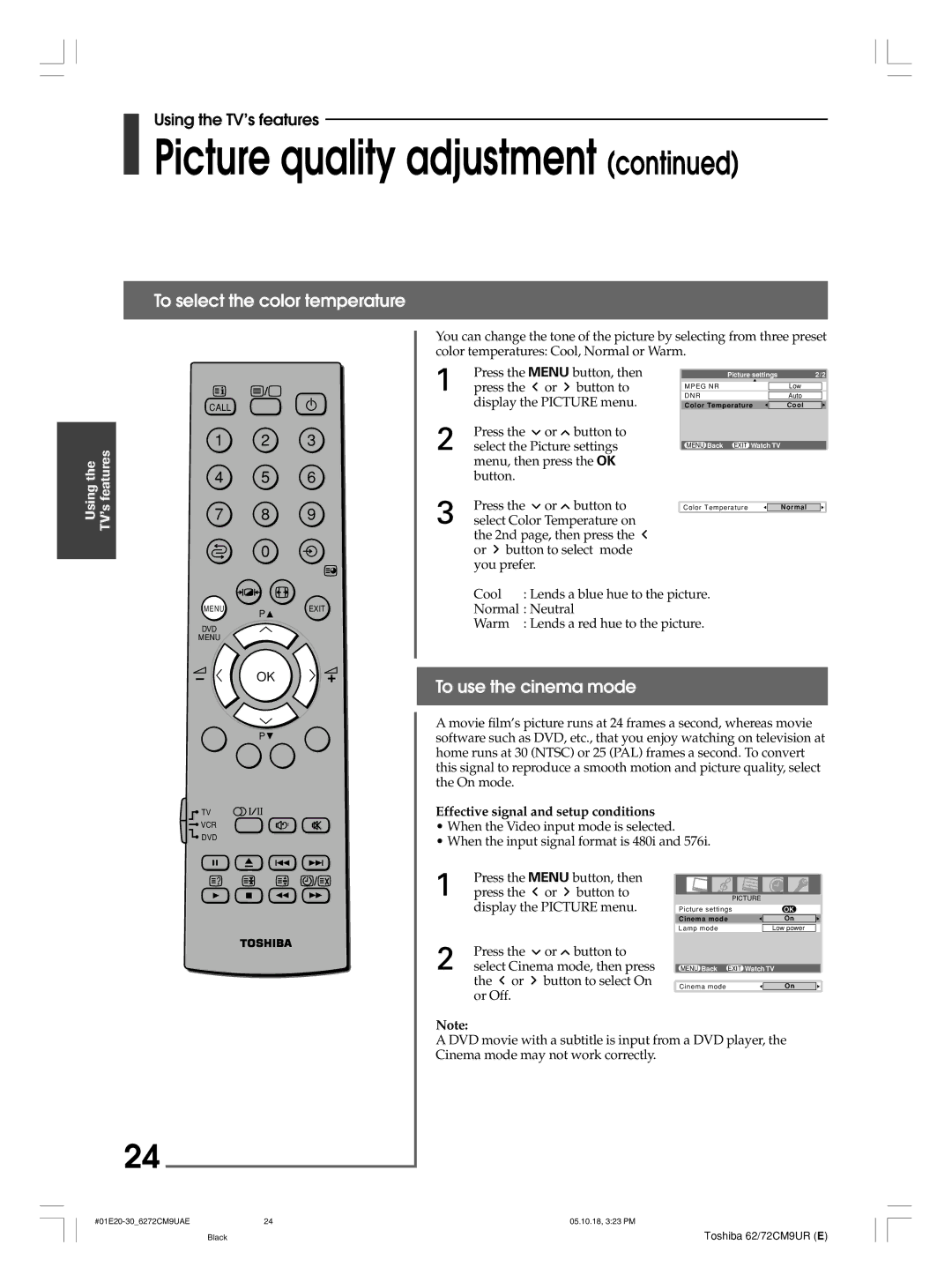 Toshiba 62CM9UA, 72CM9UE To select the color temperature, To use the cinema mode, Effective signal and setup conditions 