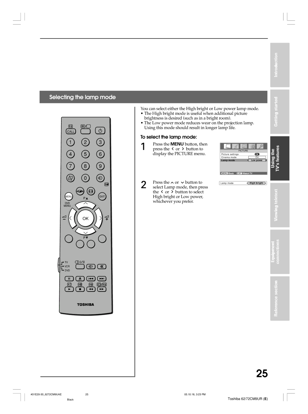 Toshiba 72CM9UE, 62CM9UA, 62CM9UE, 72CM9UA owner manual Selecting the lamp mode, To select the lamp mode 