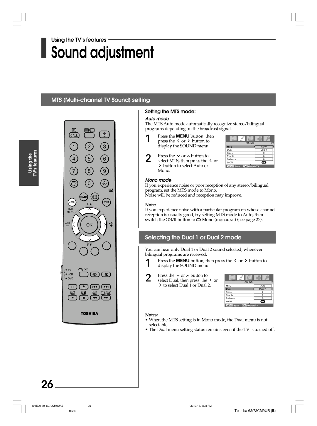 Toshiba 62CM9UE, 62CM9UA, 72CM9UE Sound adjustment, MTS Multi-channel TV Sound setting, Selecting the Dual 1 or Dual 2 mode 