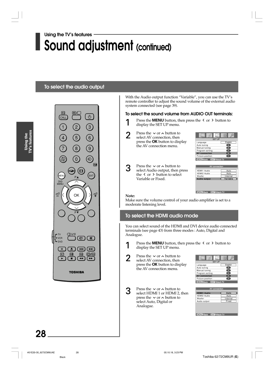 Toshiba 62CM9UA, 72CM9UE, 62CM9UE, 72CM9UA owner manual To select the audio output, To select the Hdmi audio mode 