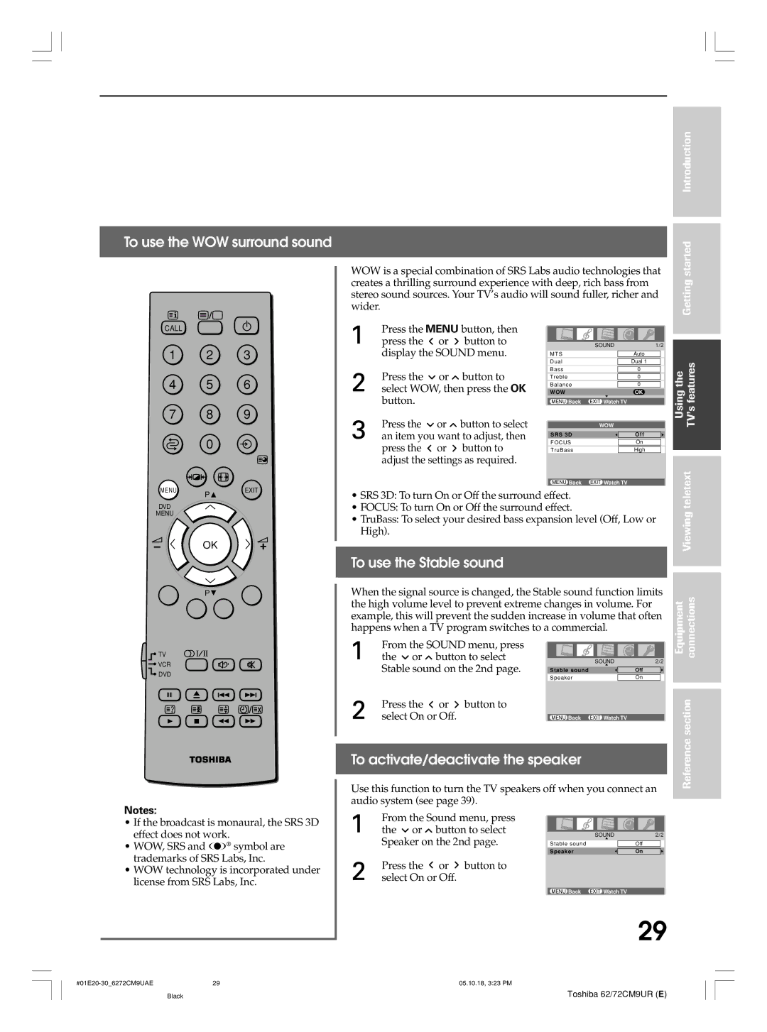 Toshiba 72CM9UE, 62CM9UA To use the WOW surround sound, To use the Stable sound, To activate/deactivate the speaker 