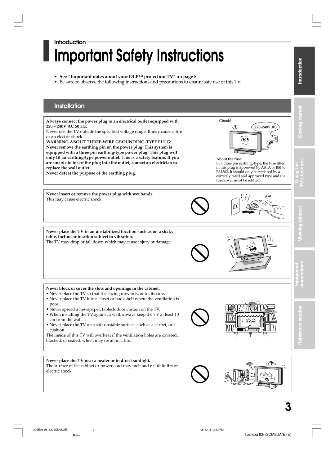 Toshiba 72CM9UA, 62CM9UA Important Safety Instructions, Installation, See Important notes about your DLP projection TV on 