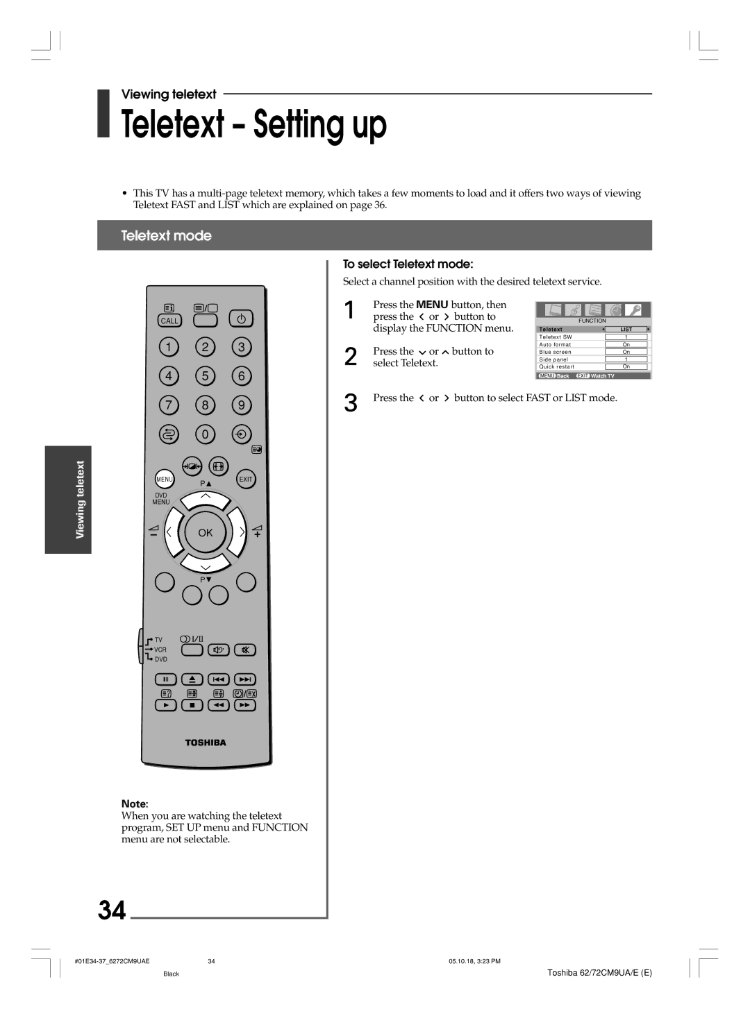 Toshiba 62CM9UE, 62CM9UA, 72CM9UE, 72CM9UA owner manual Teletext Setting up, To select Teletext mode 