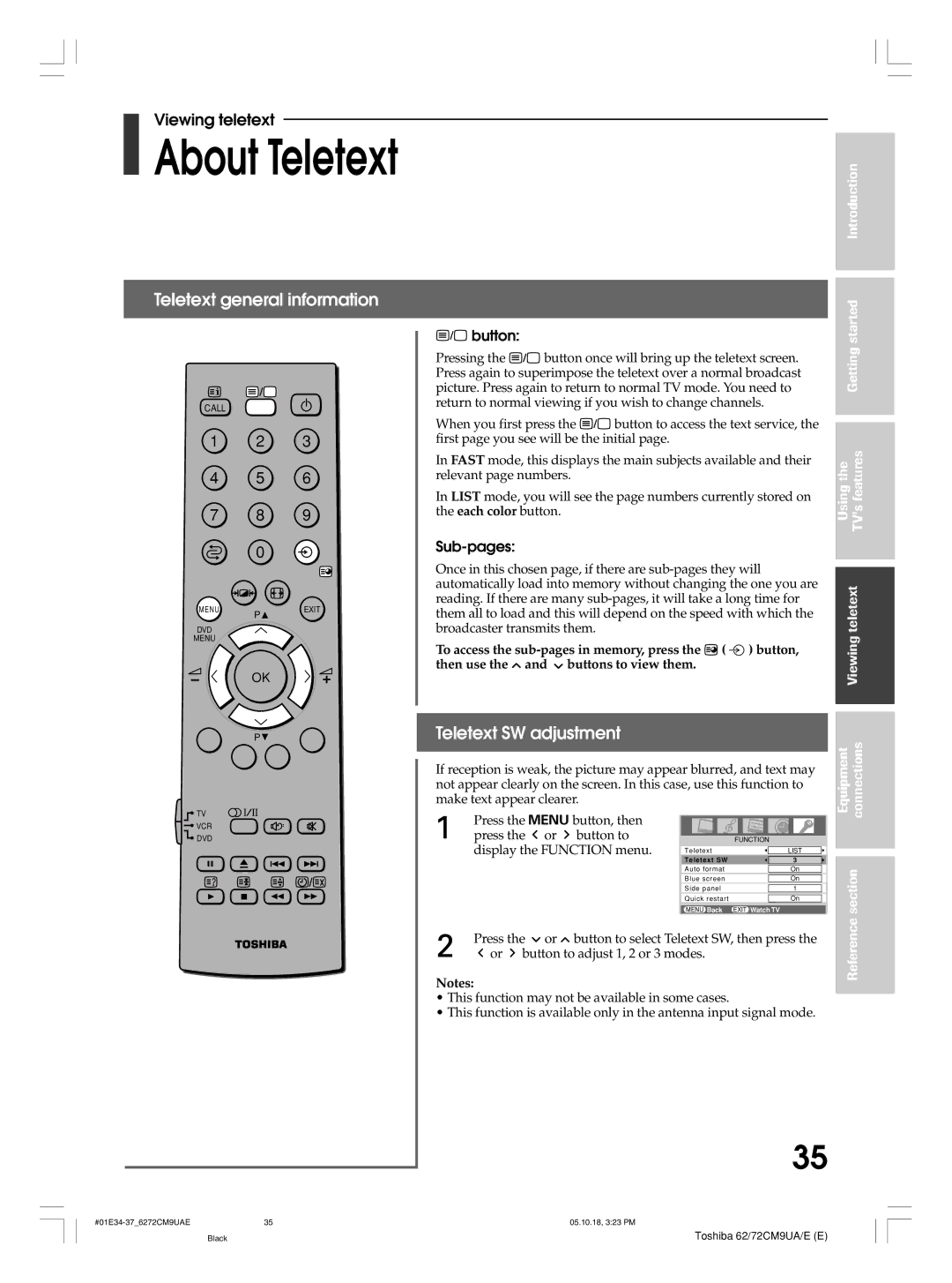 Toshiba 72CM9UA, 62CM9UA, 72CM9UE About Teletext, Teletext general information, Teletext SW adjustment, Button, Sub-pages 