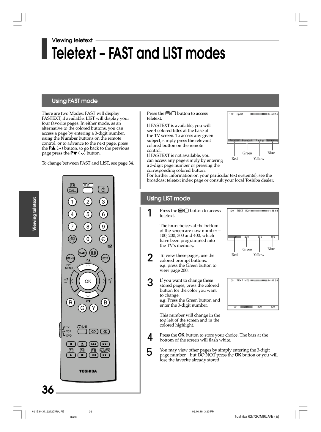 Toshiba 62CM9UA, 72CM9UE, 62CM9UE, 72CM9UA owner manual Teletext Fast and List modes, Using Fast mode, Using List mode 