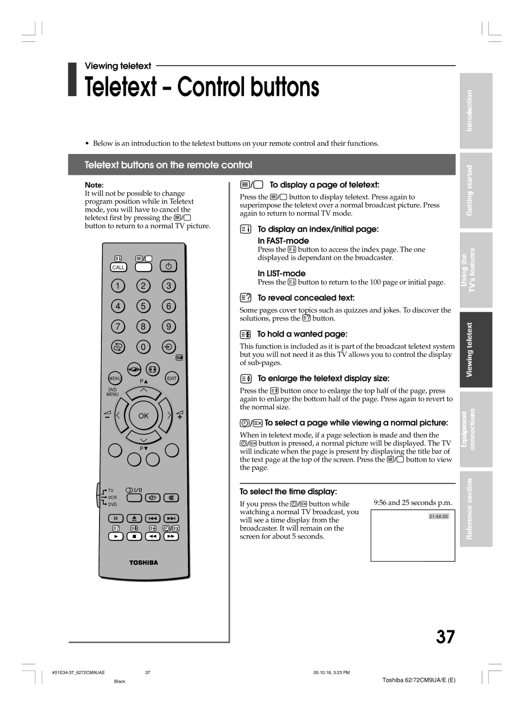 Toshiba 72CM9UE, 62CM9UA, 62CM9UE, 72CM9UA owner manual Teletext Control buttons, Teletext buttons on the remote control 