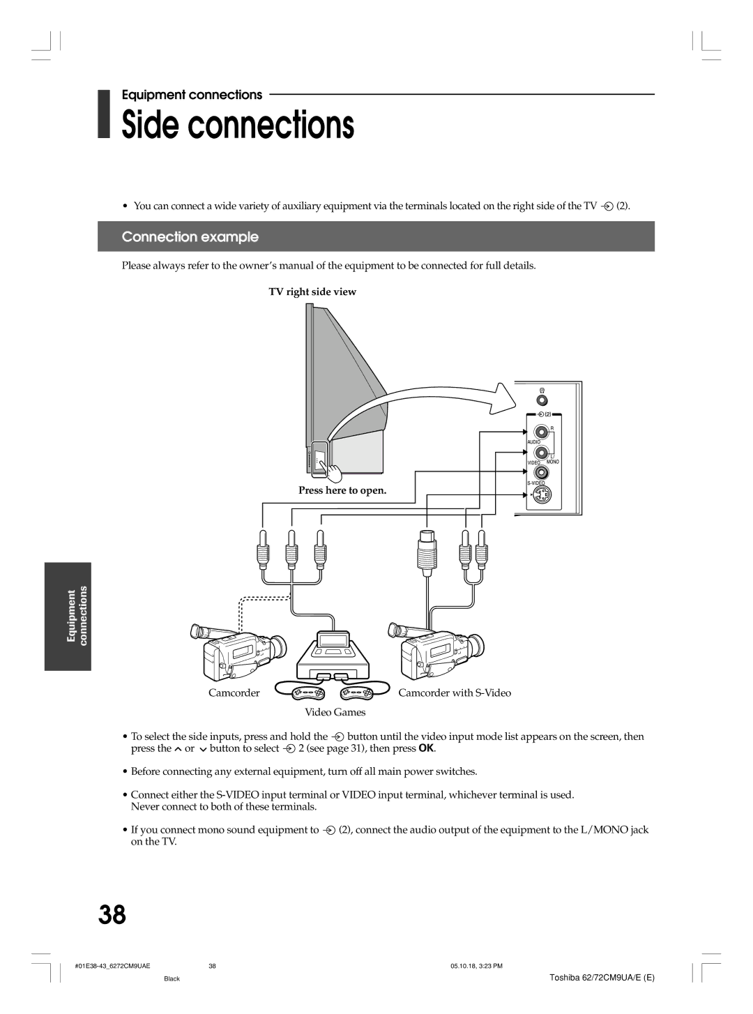 Toshiba 62CM9UE, 62CM9UA, 72CM9UE, 72CM9UA Side connections, Connection example, TV right side view Press here to open 