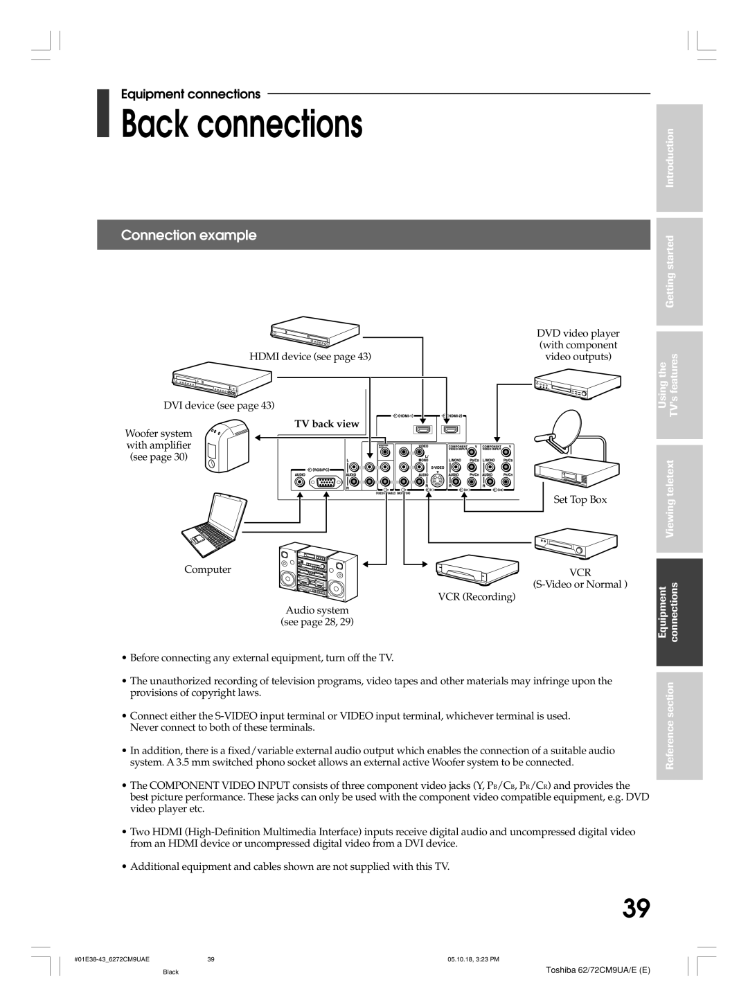 Toshiba 72CM9UA, 62CM9UA, 72CM9UE, 62CM9UE Back connections, Using the TV’s features Teletext, Viewing Equipment Connections 
