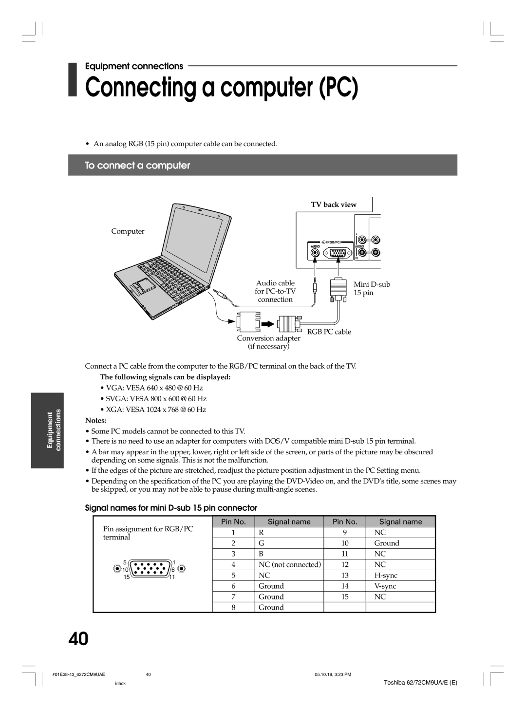 Toshiba 62CM9UA, 72CM9UE Connecting a computer PC, To connect a computer, Signal names for mini D-sub 15 pin connector 