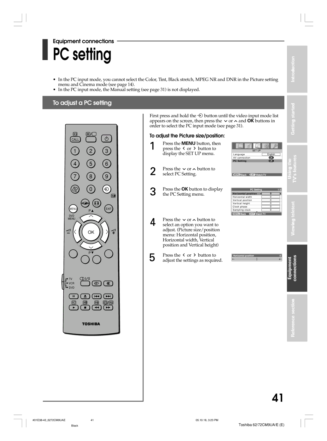 Toshiba 72CM9UE, 62CM9UA, 62CM9UE, 72CM9UA owner manual To adjust a PC setting, To adjust the Picture size/position 