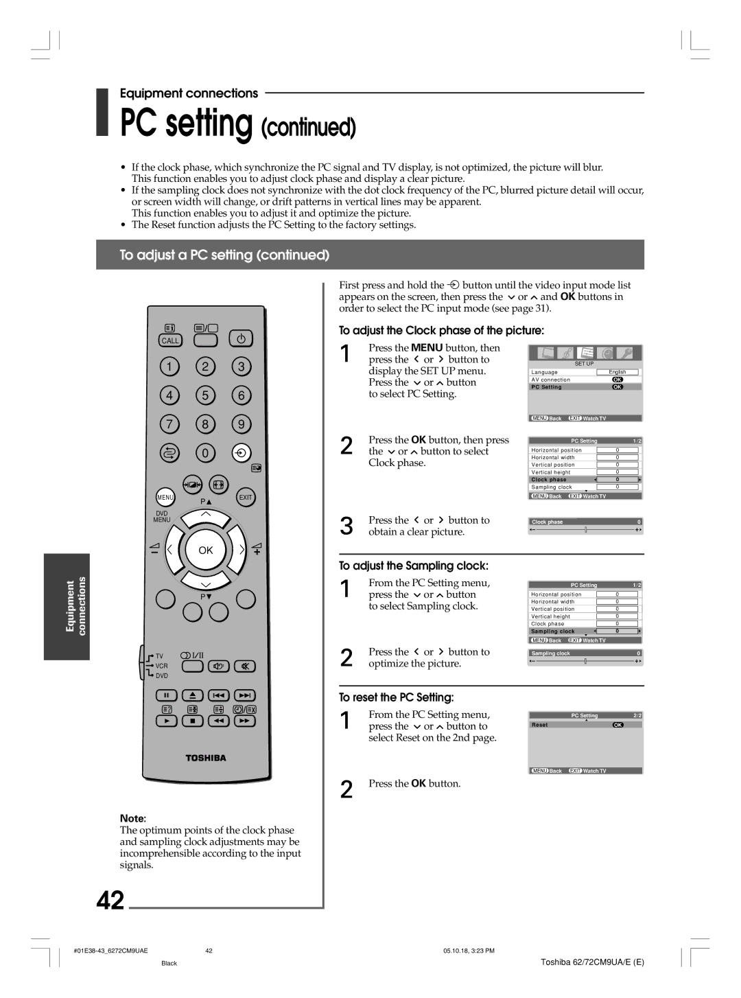 Toshiba 62CM9UE, 62CM9UA To adjust the Clock phase of the picture, To adjust the Sampling clock, To reset the PC Setting 