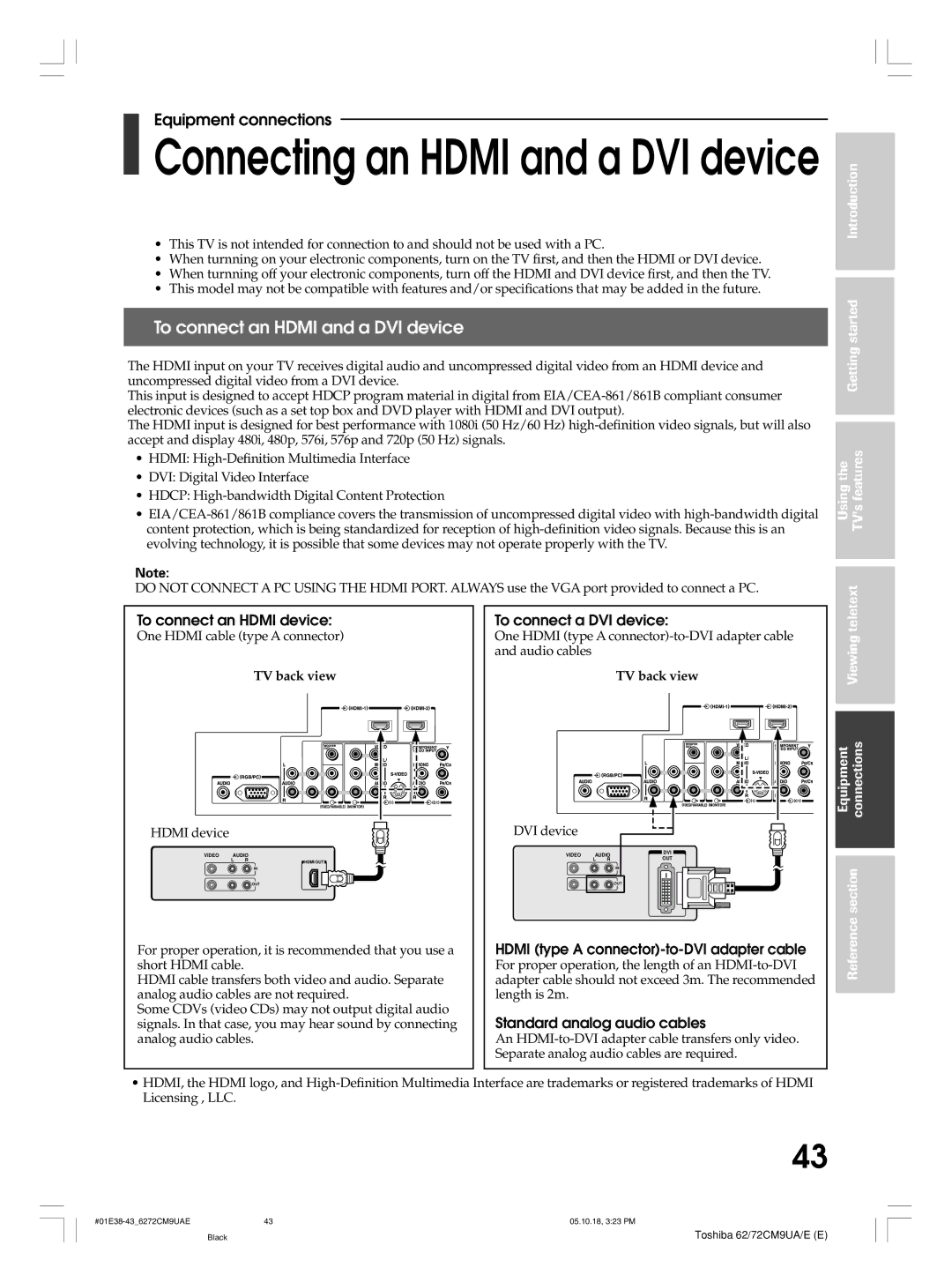 Toshiba 72CM9UA, 62CM9UA, 72CM9UE To connect an Hdmi and a DVI device, To connect an Hdmi device, To connect a DVI device 