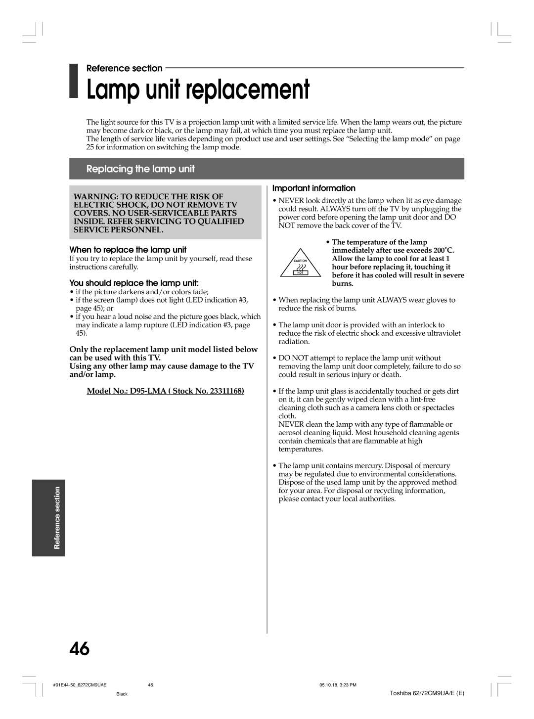 Toshiba 62CM9UE Lamp unit replacement, Replacing the lamp unit, When to replace the lamp unit, Important information 