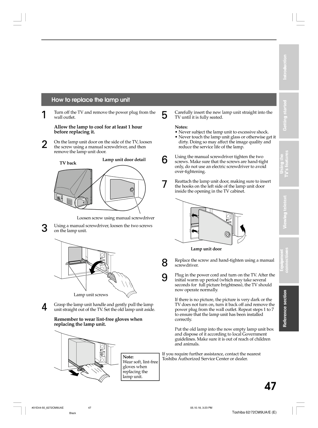 Toshiba 72CM9UA, 62CM9UA, 72CM9UE, 62CM9UE owner manual How to replace the lamp unit, Lamp unit door detail TV back 