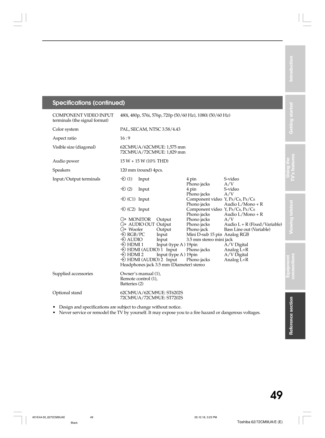 Toshiba 72CM9UE, 62CM9UA, 62CM9UE, 72CM9UA owner manual Component Video Input, Using Viewing teletext Equipment Connections 