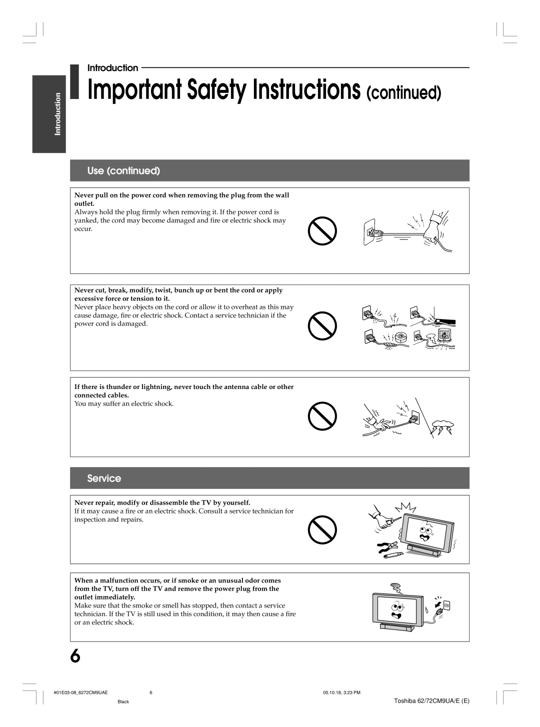 Toshiba 62CM9UE, 62CM9UA, 72CM9UE, 72CM9UA owner manual Service, Never repair, modify or disassemble the TV by yourself 