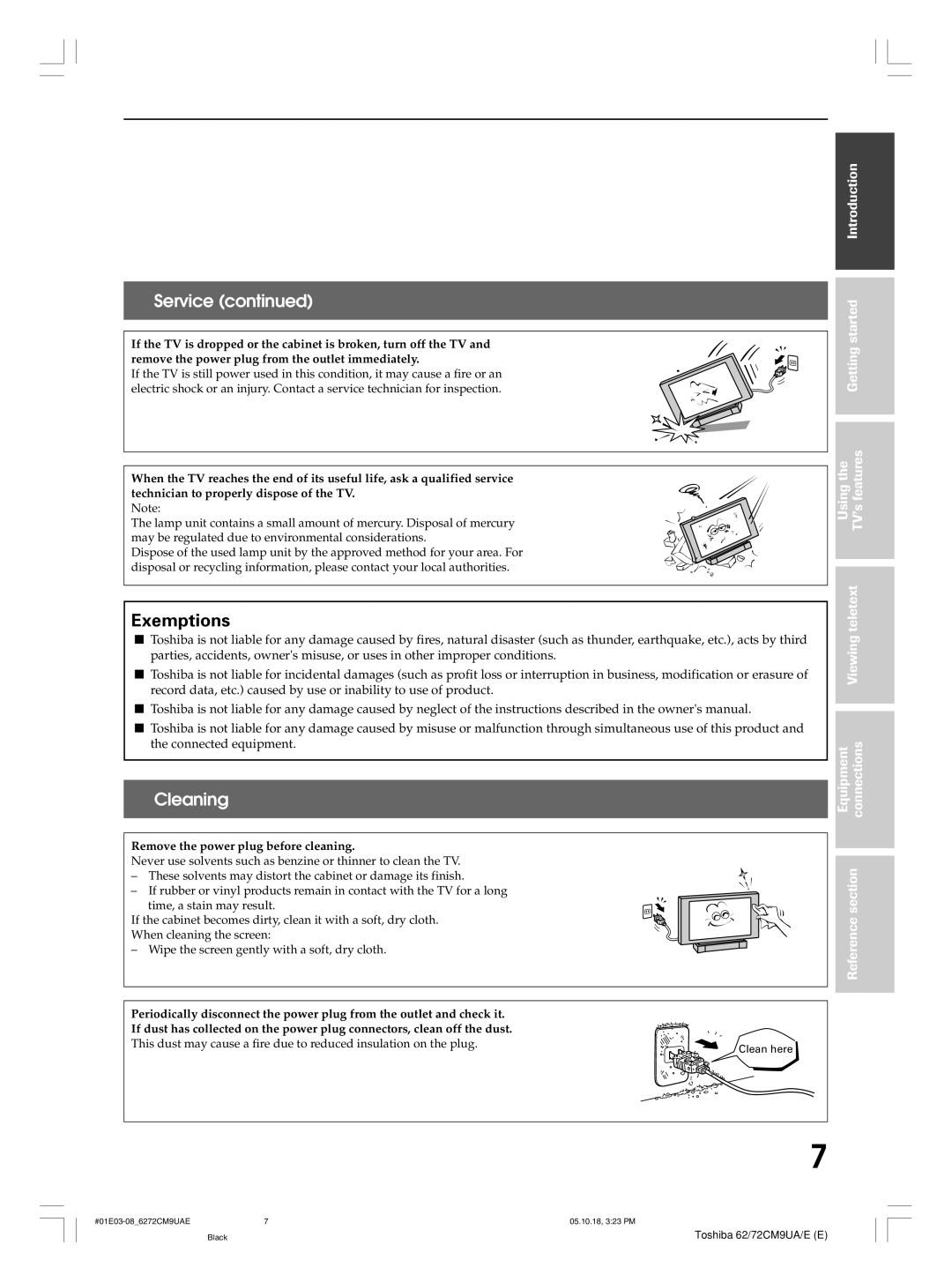 Toshiba 72CM9UA, 62CM9UA, 72CM9UE, 62CM9UE owner manual Exemptions, Cleaning 