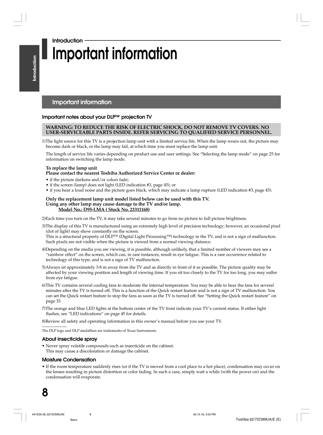 Toshiba 62CM9UA, 72CM9UE Important information, Important notes about your DLP projection TV, About insecticide spray 