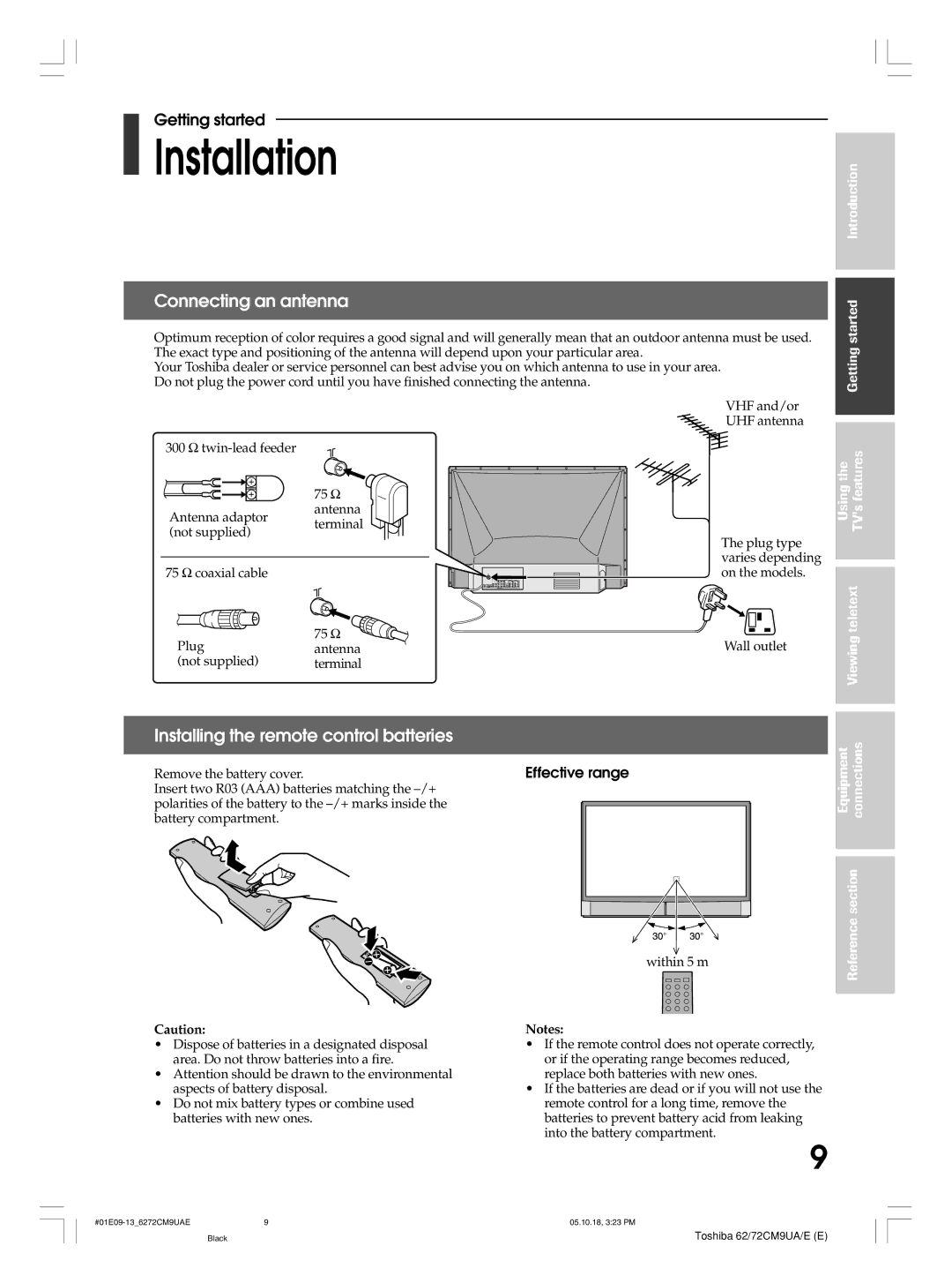 Toshiba 72CM9UE, 62CM9UA, 62CM9UE Installation, Connecting an antenna, Installing the remote control batteries, Section 