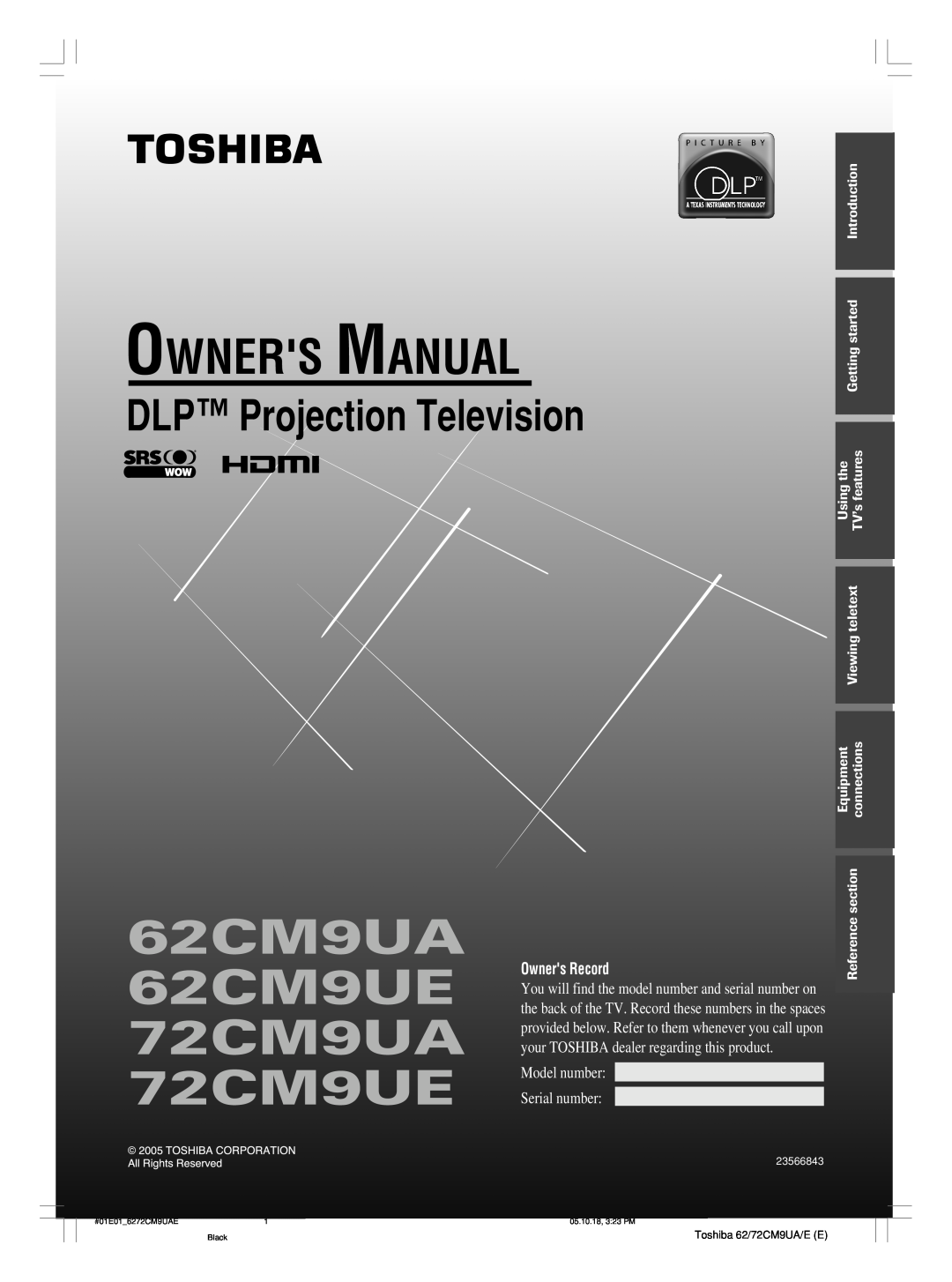 Toshiba 72CM9UE owner manual Introduction Getting started, Usingthe, TV’sfeatures, Viewingteletext, Equipment, connections 
