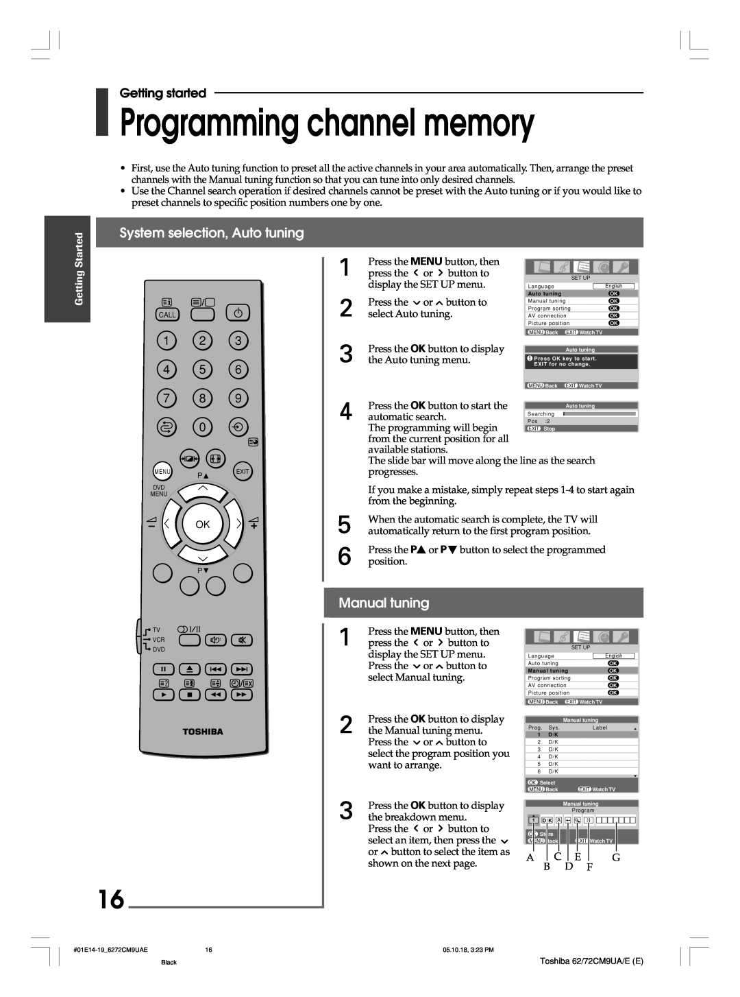 Toshiba 62CM9UA Programming channel memory, System selection, Auto tuning, Manual tuning, 1 2 4 5, Getting started 
