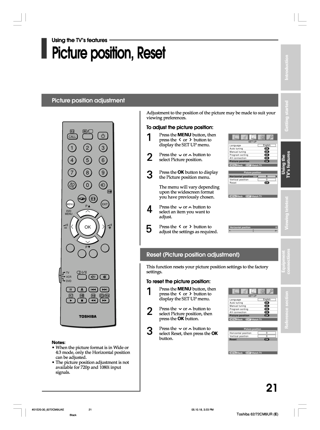 Toshiba 72CM9UE Picture position, Reset, Reset Picture position adjustment, To adjust the picture position, started 