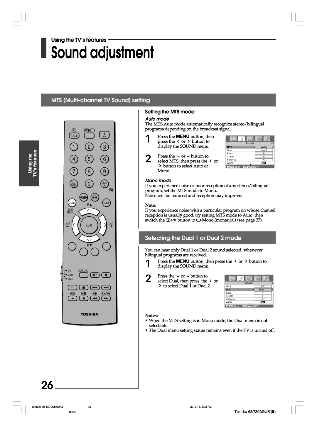Toshiba 62CM9UE Sound adjustment, MTS Multi-channel TV Sound setting, Selecting the Dual 1 or Dual 2 mode, Auto mode 