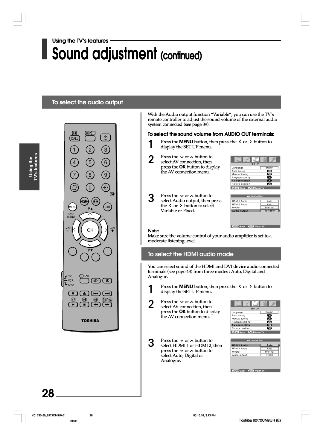 Toshiba 62CM9UA, 72CM9UE Sound adjustment continued, To select the audio output, To select the HDMI audio mode, 4 5 7 8 