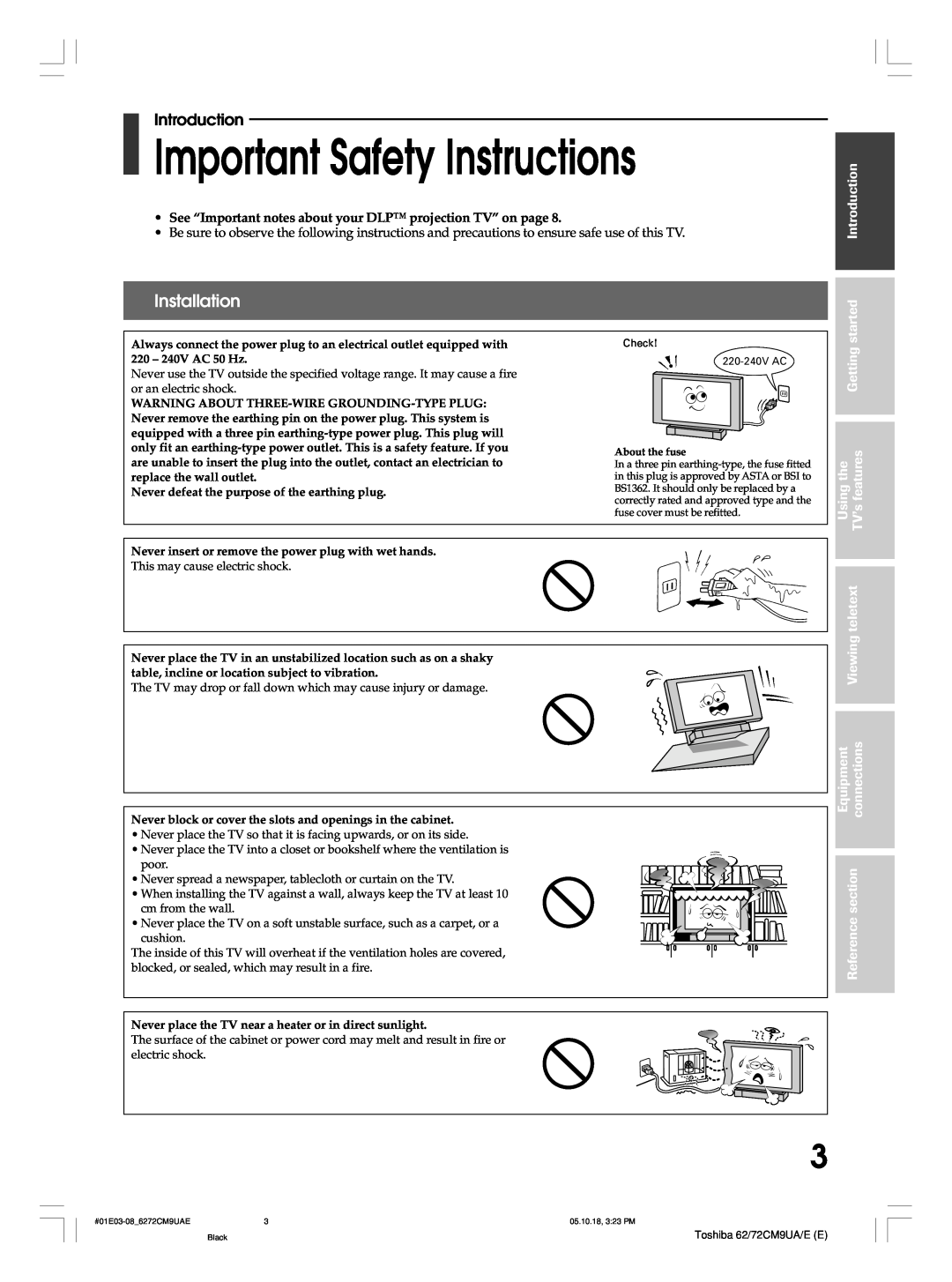 Toshiba 72CM9UA Important Safety Instructions, Installation, Introduction, started, Getting, Usingthe TV’sfeatures 