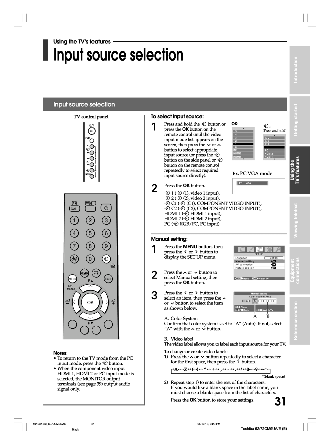 Toshiba 72CM9UA Input source selection, To select input source, Manual setting, Using the TV’s features, 1 2 4 5 7 8 