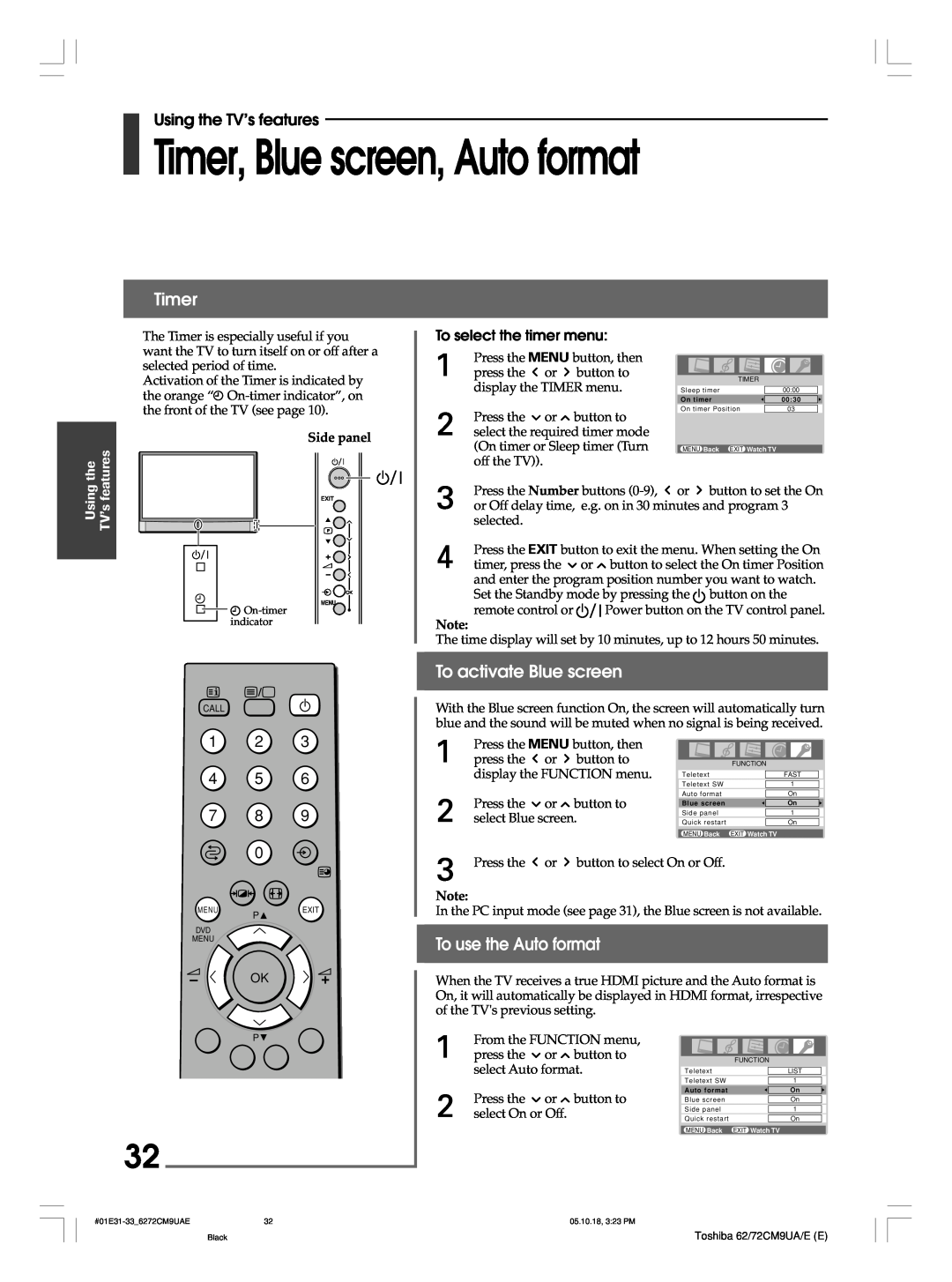 Toshiba 62CM9UA Timer, Blue screen, Auto format, To activate Blue screen, To use the Auto format, To select the timer menu 